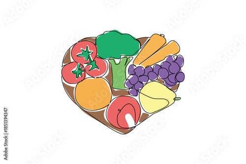 Continuous line drawing of a heart filled with vegetables and fruits represents health concept and food concept for World Food Safety Day, highlighting balanced diet and safe nutrition.