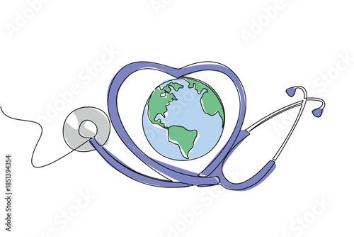 One line drawing of a heart-shaped stethoscope encircling Earth, symbolizing universal health protection, medical caring, and global compassion central to World Caring Day international event