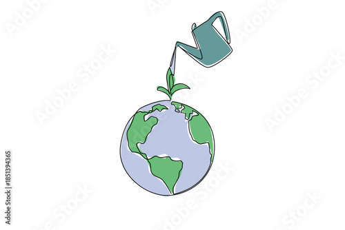 Single line drawing of a watering can caring for a sprouting plant on Earth, representing the global theme of care, sustainability, and environmental nurturing efforts promoted World Caring Day event