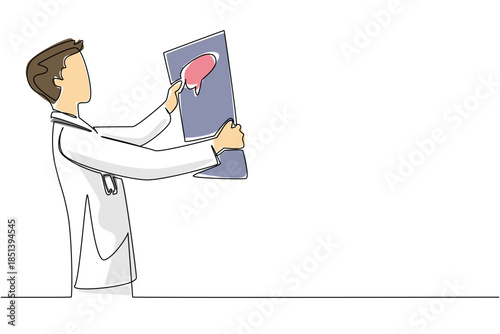 One line drawing of a male doctor examining a brain scan represents the science and health concept, designed to highlight World Brain Tumor Day as an important international medical awareness event.