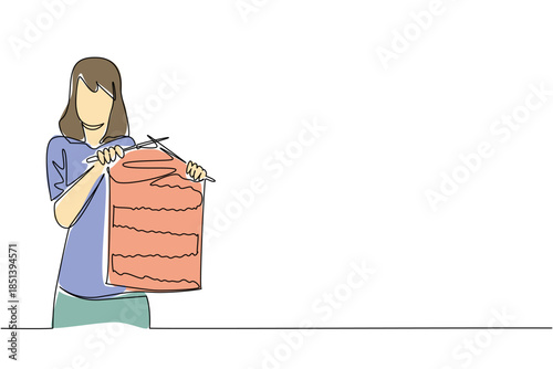 One line drawing of a woman proudly holding large red knitted fabric represents creativity and the nature concept, designed to highlight Worldwide Knit in Public Day as a global craft celebration.