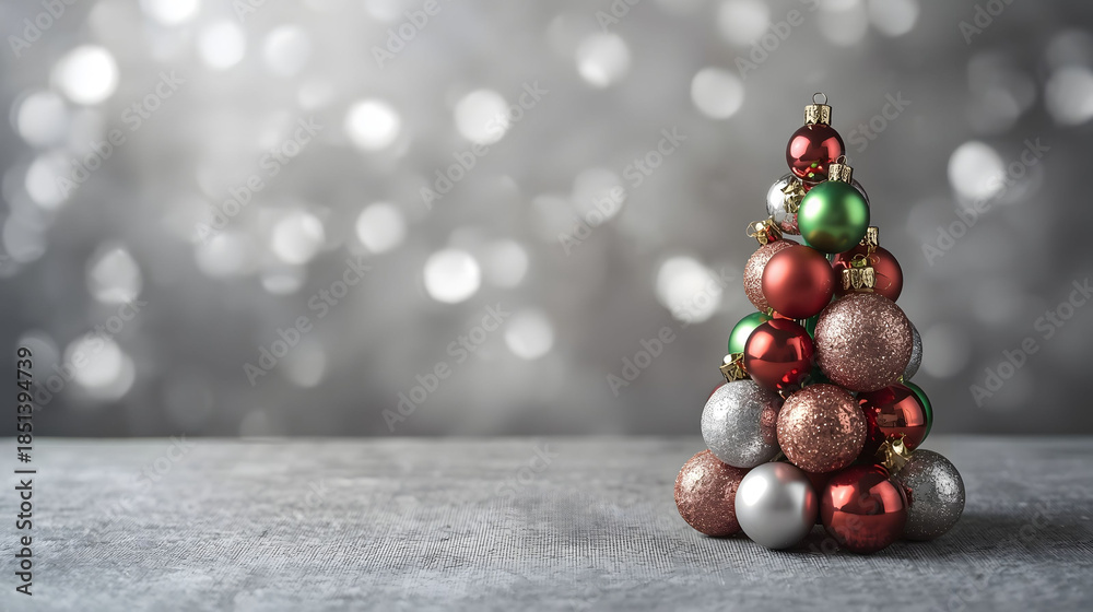 Fototapeta premium Mini Christmas tree made of colorful ornaments on gray surface with silver bokeh background, festive holiday still life conveying celebration, elegance, and cozy winter mood 