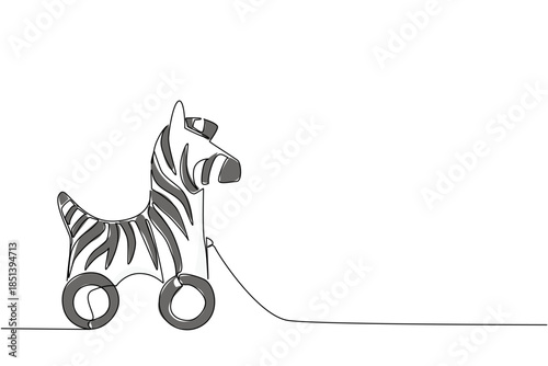 Stylish one line drawing of a zebra pull toy with classic stripes. A simple toy concept design representing childhood imagination, kindergarten games, and nostalgic wooden animal figures.