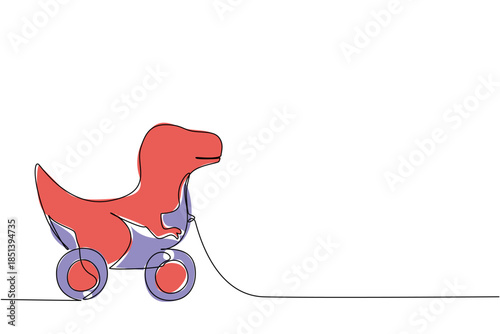 Single line drawing of a wooden t-rex dinosaur pull toy on wheels, representing playful animal character and the joy of creative childhood play, perfect for adding a charming minimalist decor touch
