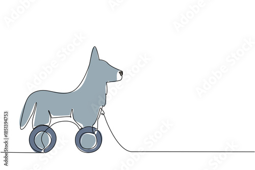 Single line drawing of a wooden wheeled wolf toy in minimalist style, showing clean outlines and flat details. The nature concept highlights the playful design of an animal toy.