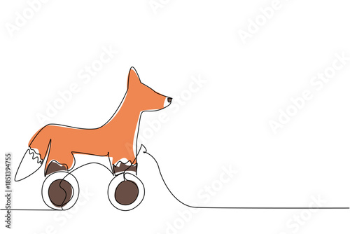 Continuous line drawing of a wooden fox toy with wheels, designed in a minimalist playful style. The nature concept emphasizes creativity and the essence of woodland animals.