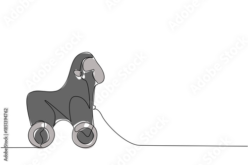 Bold gorilla wooden toy on wheels illustrated in one line drawing style, reflecting toy design concept and jungle animal-inspired art for kids, collectors, and unique minimalist illustration ideas.