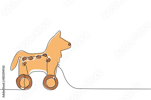 Single line drawing of a wooden coyote toy with wheels in minimalist playful style. The design reflects the nature concept, highlighting creativity and animal representation for kids.