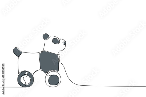 Cute panda wooden pull toy with wheels created in single line drawing style, perfect for toy design concept and animal-themed minimalist art for children fun, nursery, and creative decor.