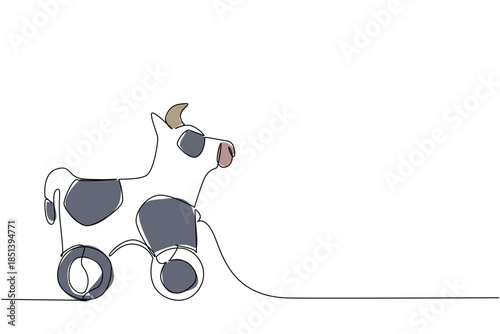 Charming cow wooden toy on wheels illustrated in continuous line drawing style, perfect for toy design concept and animal inspired minimalist artwork appealing to children and families.