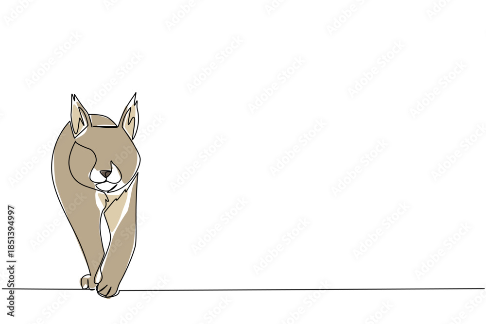 Obraz premium Continuous line drawing of a lynx walking forward with strength and focus. Nature concept symbolizing wilderness resilience, designed for International Lynx Day conservation theme.