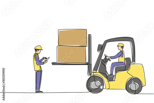 Continuous line drawing vector of a forklift operator and a male worker checking cargo boxes at clipboard, promoting awareness for National Forklift Safety Day with an industry concept.