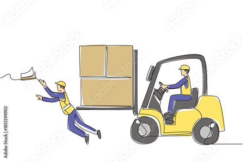 Single line drawing depicting a male worker falling dangerously while a forklift carries stacked boxes, symbolizing accident risks on National Forklift Safety Day within an industry safety concept.