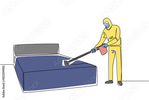 Single line drawing of a professional cleaner with mask and hazmat disinfecting a bed mattress with modern equipment, symbolizing health concept and hygiene for National Bed Bug Prevention Day.