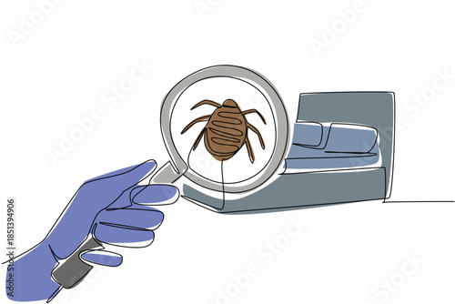 Single line drawing of a magnifying glass focusing on a bed bug near a bed, highlighting pest control awareness and hygiene concept for National Bed Bug Prevention Day.