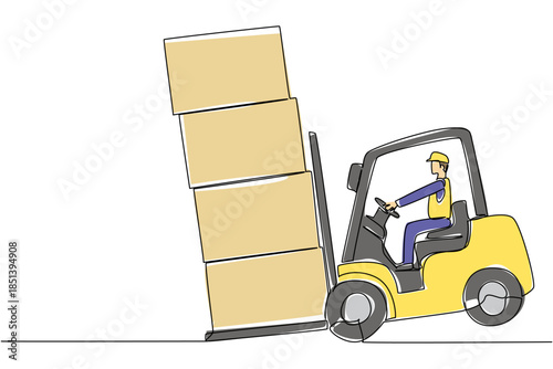Continuous line drawing of a forklift driven by a male worker with unstable stacked boxes, illustrating unsafe practices for National Forklift Safety Day with an industry awareness concept.