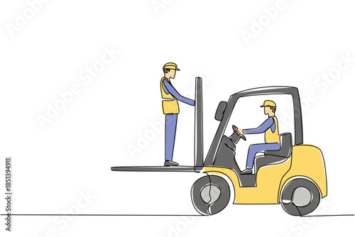 Single line drawing of two male workers with a forklift where one stands on the forks, representing dangerous workplace actions for National Forklift Safety Day in an industry concept.