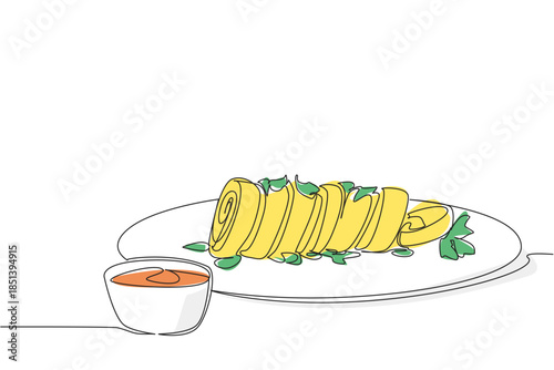 Single line drawing featuring a plate of rolled eggs decorated with fresh herbs and served with dipping sauce, designed for National Egg Roll Day in food concept and international culinary theme.