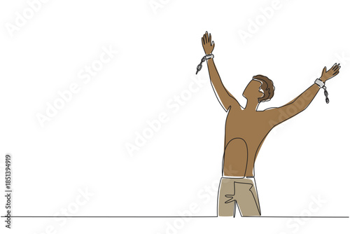 One line drawing depicts a man lifting his arms with broken chains, expressing joy and freedom. A history concept illustration for Abolition Day, honoring liberation and human rights.