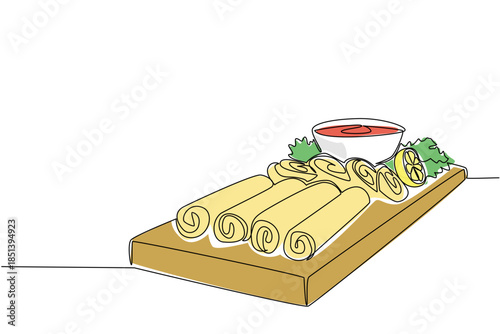 Single line drawing of egg rolls placed neatly on a wooden serving board with dipping sauce and lemon, created for National Egg Roll Day highlighting food concept and culinary event theme.