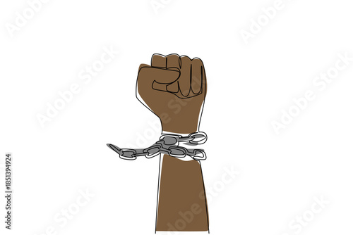 Single line drawing of a raised fist breaking chains, symbolizing strength and resistance. This freedom concept design highlights Abolition Day, celebrating resilience and human dignity.