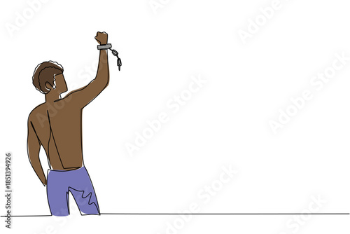 Continuous line drawing of a man from the back raising his fist, symbolizing defiance and hope. This freedom concept design marks Abolition Day, celebrating courage and resilience.