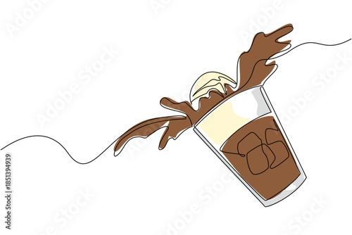 Continuous line drawing of a tilted glass with ice cubes, root beer, and ice cream splashing out, made to celebrate National Black Cow Day with food and beverage concept.