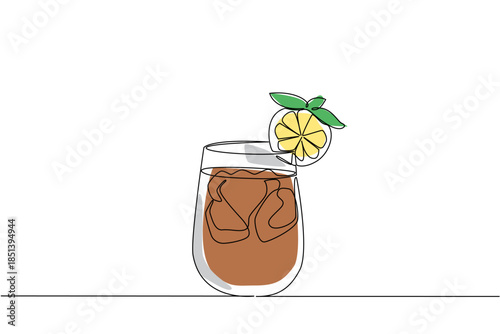 Continuous line drawing of a glass of iced tea with lemon slice and mint garnish, designed as a refreshing beverage concept for National Iced Tea Day, emphasizing natural flavor and cooling vibes.