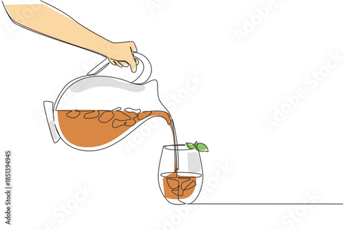Single line drawing showing a pitcher pouring iced tea with ice cubes into a smaller glass, symbolizing sharing and refreshment in a beverage concept for National Iced Tea Day celebration.