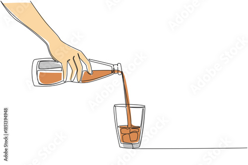 Continuous line drawing illustrating a hand pouring iced tea from a bottle into a glass with ice cubes, representing a refreshing beverage concept for National Iced Tea Day celebration.