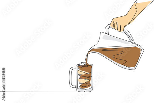 Continuous line drawing of a pitcher pouring root beer into a mug of ice cream float, styled for National Black Cow Day celebration with beverage and food concept.