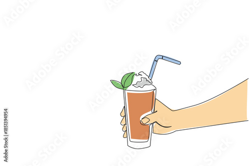 Single line drawing of a hand holding a decorated iced tea glass with cream, straw, and mint leaves, designed in a beverage concept for National Iced Tea Day as a symbol of refreshment.