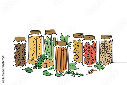 Single line drawing of assorted spice jars filled with herbs and seasonings like cinnamon, pepper, and parsley, showing business concept and culinary culture for National Herbs and Spices Day.