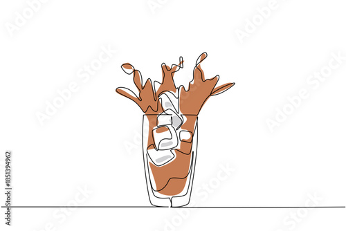 Refreshing continuous line drawing of iced tea splashing with ice cubes, celebrating National Iced Tea Day with a beverage concept and summer drink theme.