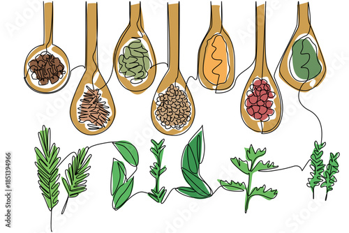 Single line drawing of assorted spices served on wooden spoons with cinnamon, cloves, and star anise, highlighting nature concept for National Herbs and Spices Day international celebration.