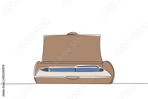 Continuous line drawing of a ballpoint pen in an elegant open case celebrates National Ballpoint Pen Day, highlighting the business concept of corporate gifts, branding, and professional stationery.