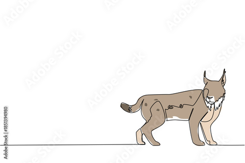 Single line drawing of a lynx standing with alert posture, reflecting wildlife strength and wilderness spirit. Nature concept celebrating International Lynx Day with conservation awareness theme.