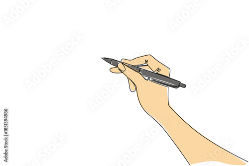 Single line drawing of a human hand holding a ballpoint pen, symbolizing creativity and knowledge. This design concept is for National Ballpoint Pen Day, reflecting the importance of writing culture.