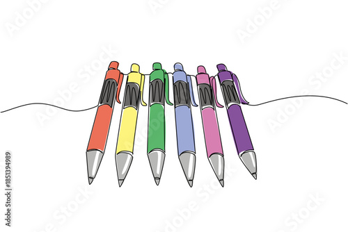 Continuous line draw of a row of ballpoint pens marks National Ballpoint Pen Day, illustrating business concept of stationery, organization, and creativity, symbolizing productivity in daily writing