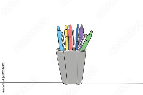 Continuous line drawing of a pen holder with colorful ballpoint pens highlights the business concept of writing tools, designed for National Ballpoint Pen Day, symbolizing creativity and productivity.