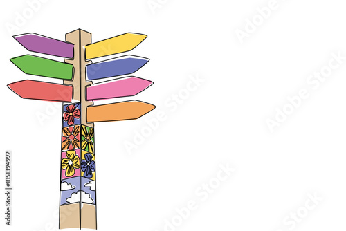 Fotografi Single line draw of a colorful signpost with its pole yarn bombed in floral and