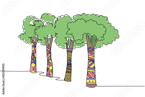 One line drawing of several trees with trunks covered in bright yarn bomb designs, highlighting a collective nature concept and the vibrant spirit of International Yarn Bombing Day in a modern art