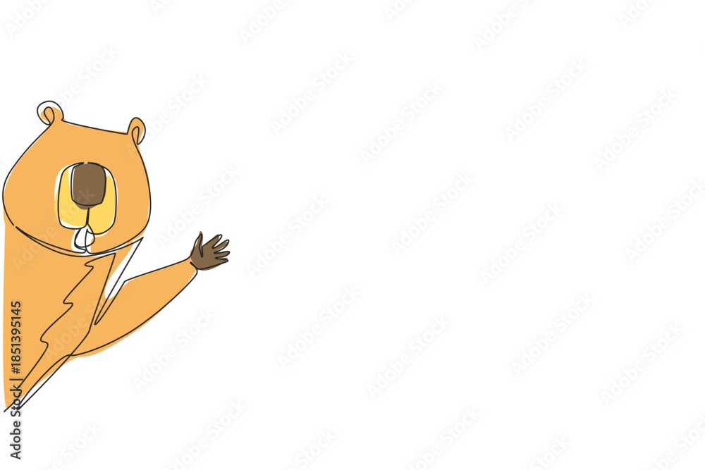 Fototapeta premium Playful beaver waving its paw from behind a wall, illustrated in one line drawing style, celebrating nature concept and International Day for Biological Diversity with creative artwork.