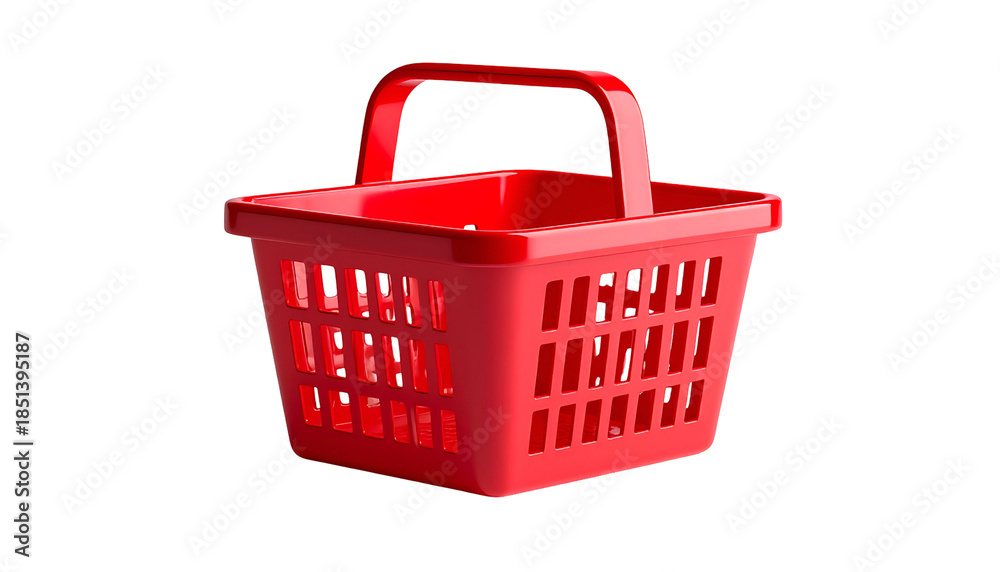 Fototapeta premium A bright red, plastic, empty shopping basket, isolated against a solid black background