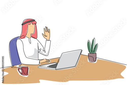 Single line drawing of a muslim Arab man on thobe waving at his laptop, representing cultural diversity and digital communication in a business concept for Say Hi Day, encouraging friendly greetings.