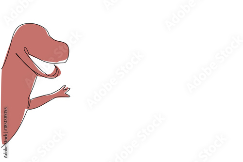 Roaring T-Rex shown in single line drawing style, peeking and waving from behind the wall, symbolizing prehistoric fascination. Science concept design themed for International Dinosaur Day.