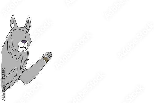 Single line drawing of a wolf waving its paw from behind a wall, highlighting nature concept with international wildlife theme, showing minimalist vector art style.