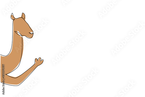 One line drawing of a camel waving its leg behind a wall, symbolizing desert life in a nature concept for international desert day theme, done in minimalist vector sketch style.