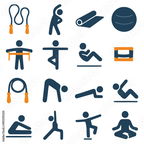 Fitness Routine Icon Set: A comprehensive collection of fitness icons represents diverse exercise routines, yoga poses, and training activities.