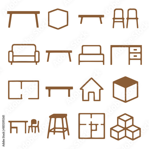 Interior Design Elements Icons: A collection of meticulously crafted icons showcasing various furniture pieces and architectural design elements, perfect for design and decor projects. 